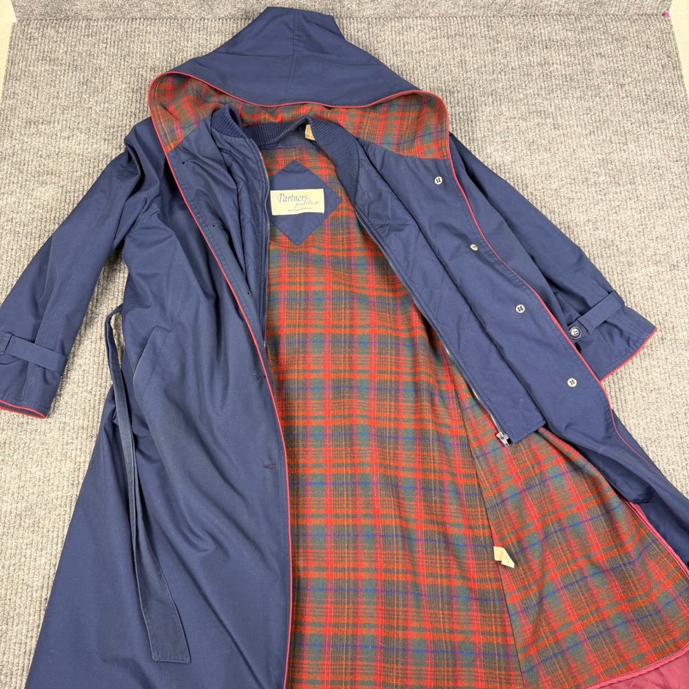 Vtg 80s Partners Mervyns Trench Coat Womens S Petite Plaid Zip Out Liner Hood - Picture 1 of 16